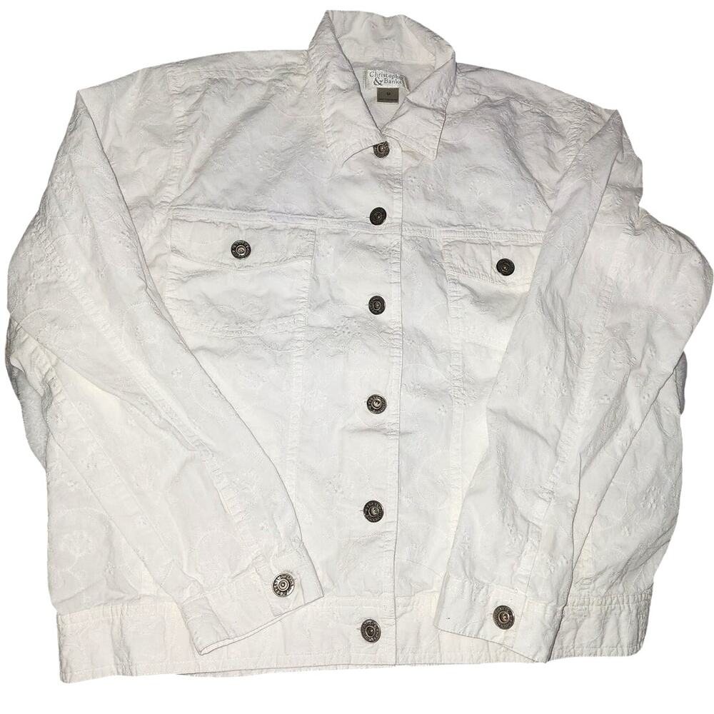Christopher & Banks White Light Weight Button Down Embroidered Shacket Medium